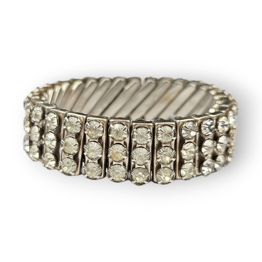 Vintage White Rhinestone Expansion Bracelet Three Row Silver Tone 1950s ~6.25"